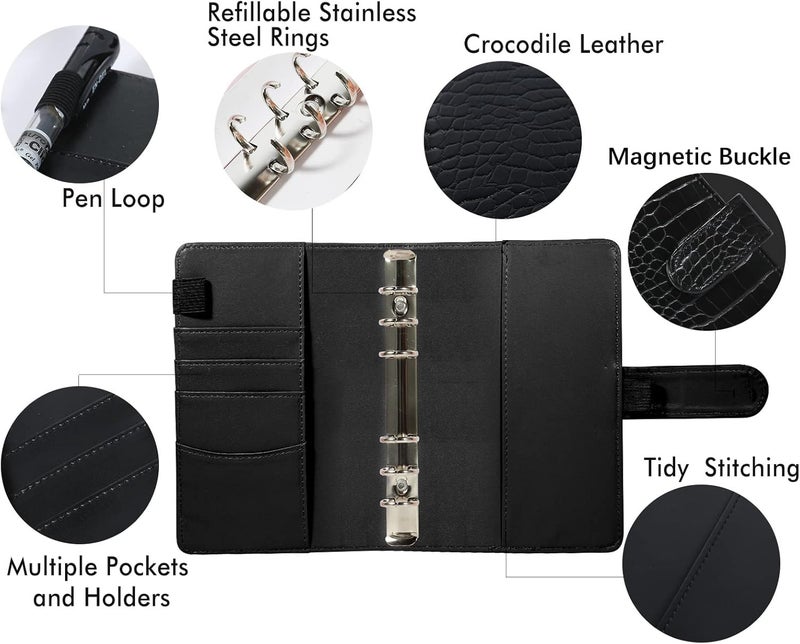 eleger A6 6 Ring Budget Binder - Crocodile Pattern Leather Notebook Binder, Small Refillable Planner Cover with Magnetic Buckle, Black - Image 2